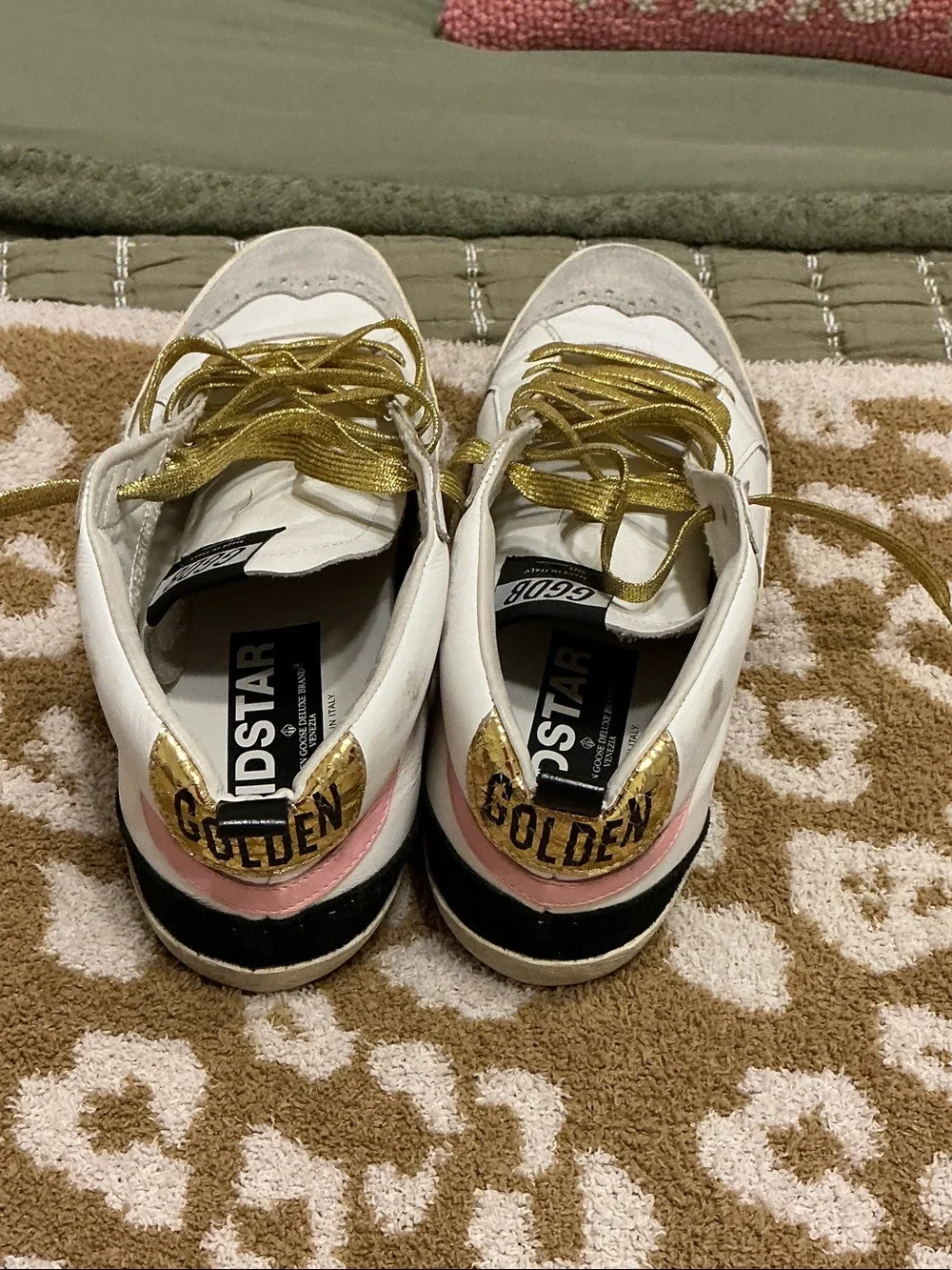 Golden Goose White Sneakers with Gold Laces and Pink Heel Accent